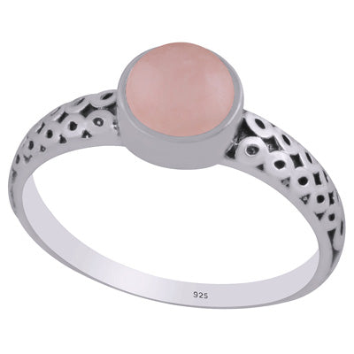 Alluring Oxidised Handcrafted Work Around Rose Quartz Round Shape 925 Sterling Solid Silver Ring - R3403307-13