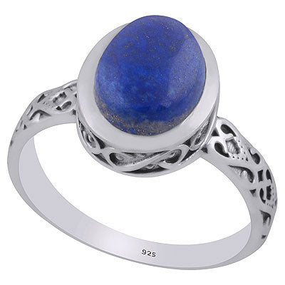 Alluring Oxidised Cut Work Around Lapis Oval Shape 925 Sterling Solid Silver Ring - R3403310-6