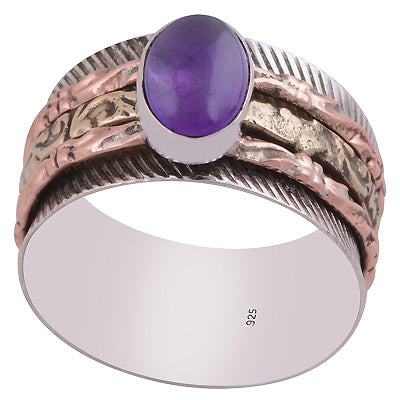 Stunning Fidget Spinner Three Tone Amethyst Oval Shape 925 Sterling Solid Silver Ring - R3403317-51