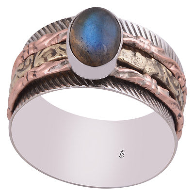Stunning Fidget Spinner Three Tone Labradorite Oval Shape 925 Sterling Solid Silver Ring - R3403317-55