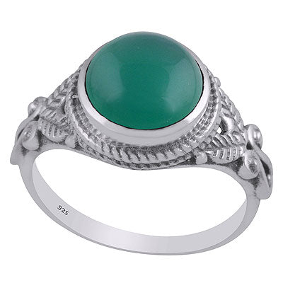 Stunning Handcrafted Work Around Green Onyx Round Shape 925 Sterling Solid Silver Ring - R3403337-8