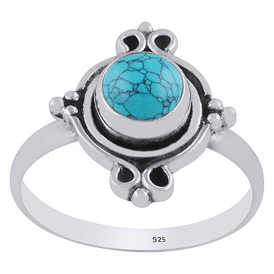 Stunning Oxidised Work Around Turquoise Round Shape 925 Sterling Solid Silver Ring - R3403347-3