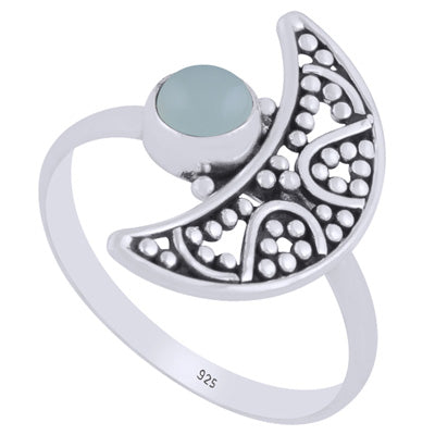 Alluring Crescent Moon w/ Rawa Work Aqua Chalcedony Round Shape 925 Sterling Solid Silver Ring - R3403388-10