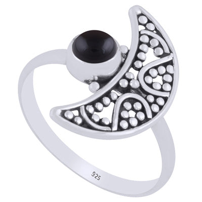 Alluring Crescent Moon w/ Rawa Work Black Onyx Round Shape 925 Sterling Solid Silver Ring - R3403388-14