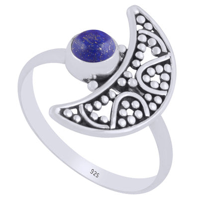 Alluring Crescent Moon w/ Rawa Work Lapis Round Shape 925 Sterling Solid Silver Ring - R3403388-6