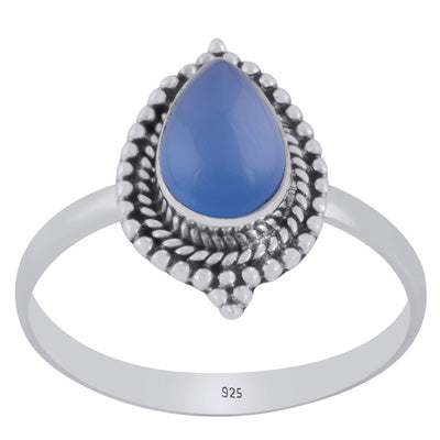 Alluring Handcrafted Work Around Blue Chalcedony Pear Shape 925 Sterling Solid Silver Ring - R3403401-9