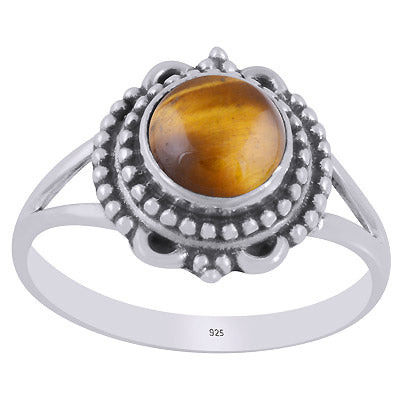 Gorgeous Rawa Work Around Tiger's Eye Round Shape 925 Sterling Solid Silver Ring - R3403424-11