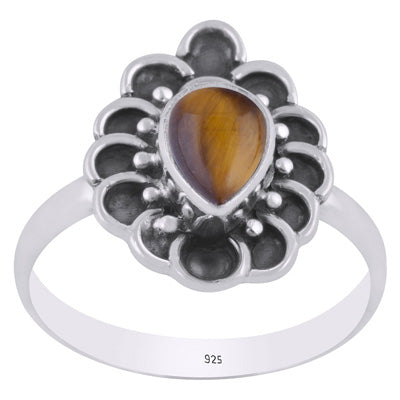 Stunning Handcrafted Work Around Tiger's Eye Pear Shape 925 Sterling Solid Silver Ring - R3403450-11