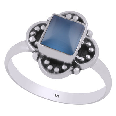 Beautiful Oxidised w/ arawa Work Around Blue Chalcedony Square Shape 925 Sterling Solid Silver Ring - R3403455-9