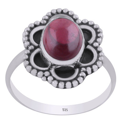 Stunning oxidised w/ rawa work around Garnet Oval Shape 925 Sterling Solid Silver Ring - R3403463-2