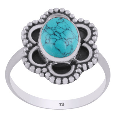 Stunning oxidised w/ rawa work around Turquoise Oval Shape 925 Sterling Solid Silver Ring - R3403463-3