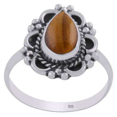 Gorgeous Oxidised Handcrafted Work Around Tiger's Eye Pear Shape 925 Sterling Solid Silver Ring - R3403468-11