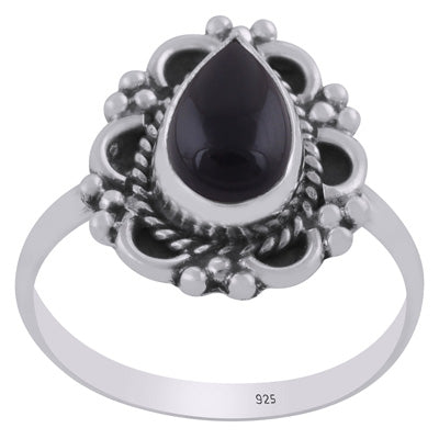 Gorgeous Oxidised Handcrafted Work Around Black Onyx Pear Shape 925 Sterling Solid Silver Ring - R3403468-14