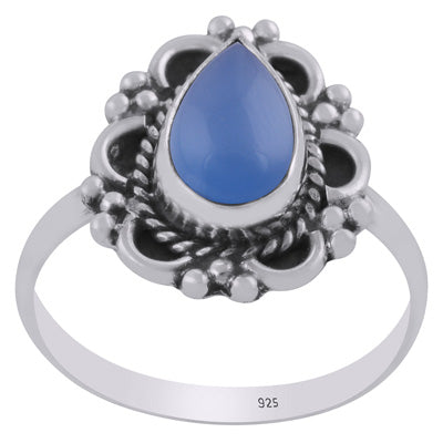 Gorgeous Oxidised Handcrafted Work Around Blue Chalcedony Pear Shape 925 Sterling Solid Silver Ring - R3403468-9