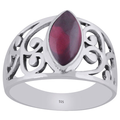 Stunning Oxidised Handcrafted Jali Work Around Garnet Marquise Shape 925 Sterling Solid Silver Ring - R3403491-2