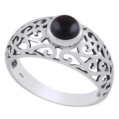 Alluring Handcrafted Jali Work Around Black Onyx Round Shape 925 Sterling Solid Silver Ring - R3403499-14