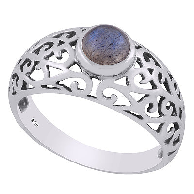 Alluring Handcrafted Jali Work Around Labradorite Round Shape 925 Sterling Solid Silver Ring - R3403499-5