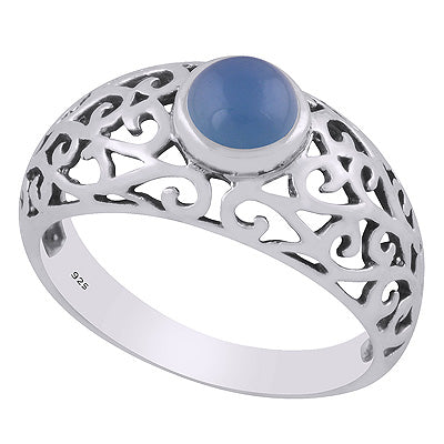 Alluring Handcrafted Jali Work Around Blue Chalcedony Round Shape 925 Sterling Solid Silver Ring - R3403499-9