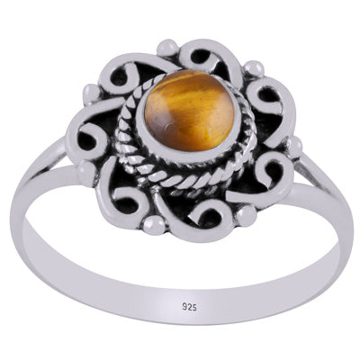 Gorgeous Handcrafted Work Around Tiger's Eye Round Shape 925 Sterling Solid Silver Ring - R3403533-11