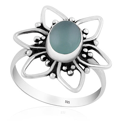 Alluring Flower W/ Rawa Work Around Aqua Chalcedony Oval Shape 925 Sterling Solid Silver Ring - R3403560-10