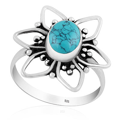 Alluring Flower W/ Rawa Work Around Turquoise Oval Shape 925 Sterling Solid Silver Ring - R3403560-3