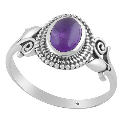Gorgeous Flower Shank w/ Rawa Pattern Around Amethyst Oval Shape 925 Sterling Solid Silver Ring - R3403577-1