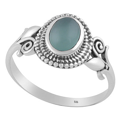 Gorgeous Flower Shank w/ Rawa Pattern Around Aqua Chalcedony Oval Shape 925 Sterling Solid Silver Ring - R3403577-10