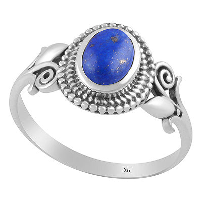 Gorgeous Flower Shank w/ Rawa Pattern Around Lapis Oval Shape 925 Sterling Solid Silver Ring - R3403577-6