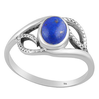 Stunning Hammer Textured Pattern Around Lapis Oval Shape 925 Sterling Solid Silver Ring - R3403579-6