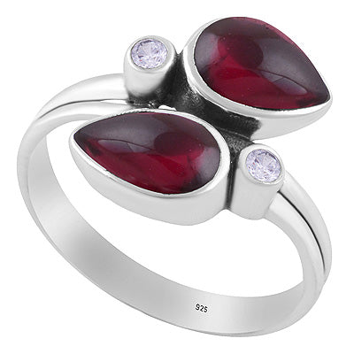 Stunning Multiple Gemstones Garnet,White Cubic Zirconia Pear,Round Shape 925 Sterling Solid Silver Ring - R3403580-2