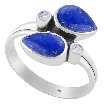 Stunning Multiple Gemstones Lapis,White Cubic Zirconia Pear,Round Shape 925 Sterling Solid Silver Ring - R3403580-6
