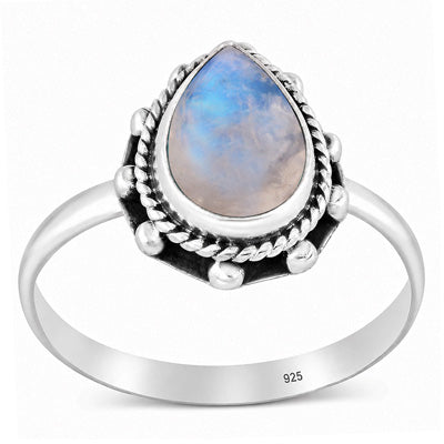 Stunning Twisted Wire & Rawa Work Around Rainbow Moonstone Pear Shape 925 Sterling Solid Silver Ring - R3403601-4