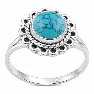Beautifully Handcrafted Work Around Turquoise Round Shape 925 Sterling Solid Silver Ring - R3403604-3