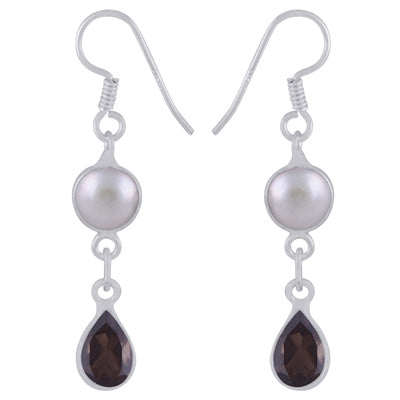 Alluring Two Stone Bezel Pearl,Smoky Topaz Pear,Round Shape 925 Sterling Solid Silver Dangle Earrings - R3500185-43