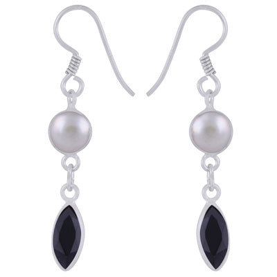 Gorgeous Two Stone Bezel Pearl,Black Onyx Pear,Marquise Shape 925 Sterling Solid Silver Dangle Earrings - R3500186-62