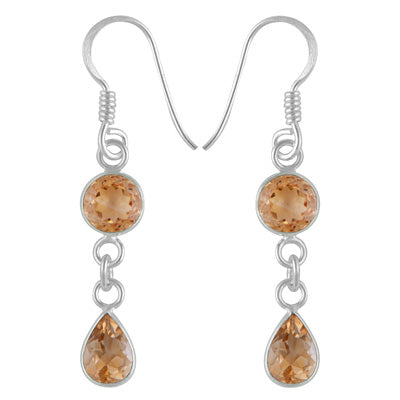 Gorgeous Two Stone Bezel Citrine Round,Pear Shape 925 Sterling Solid Silver Dangle Earrings - R3500201-54