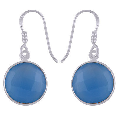 Stunning Bezel Gemstone Blue Chalcedony Round Shape 925 Sterling Solid Silver Dangle Earrings - R3500248-85