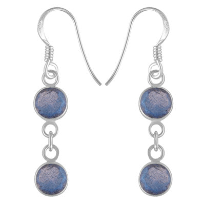 Stunning Two Stone Bezel Labradorite Round Shape 925 Sterling Solid Silver Dangle Earrings - R3500429-132