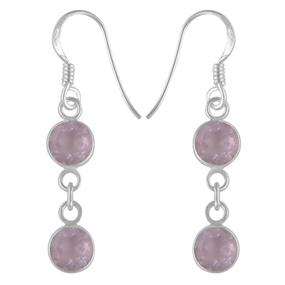 Stunning Two Stone Bezel Rose Quartz Round Shape 925 Sterling Solid Silver Dangle Earrings - R3500429-246