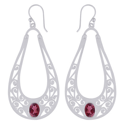 Alluring Handcrafted jali Cut Work Around Garnet Oval Shape 925 Sterling Solid Silver Dangle Earrings - R3500468-92