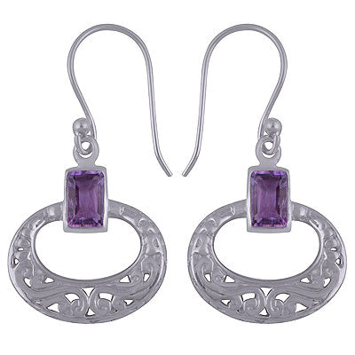 Classic Jali Cut Amethyst Rectangle Shape 925 Sterling Solid Silver Dangle Earrings - R3500742-1