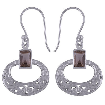 Classic Jali Cut Smoky Topaz Rectangle Shape 925 Sterling Solid Silver Dangle Earrings - R3500742-43