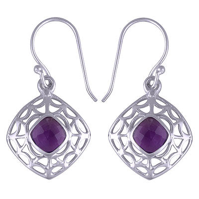 Gorgeous Cut Work Pattern Around Amethyst Rhombus Shape 925 Sterling Solid Silver Dangle Earrings - R3500756-55