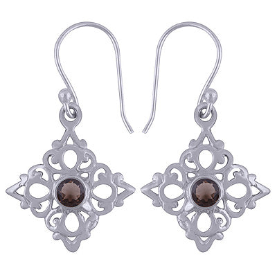 Flower Cut out Smoky Topaz Round Shape 925 Sterling Solid Silver Dangle Earrings - R3500954-63