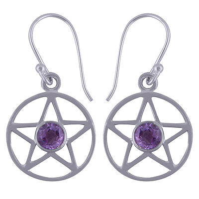 Stunning Handcrafted Star Pattern Around Amethyst Round Shape 925 Sterling Solid Silver Dangle Earrings - R3500955-3
