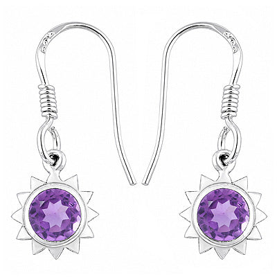 Alluring Sun Shaped Gemstones Around Amethyst Round Shape 925 Sterling Solid Silver Dangle Earrings - R3501095-1
