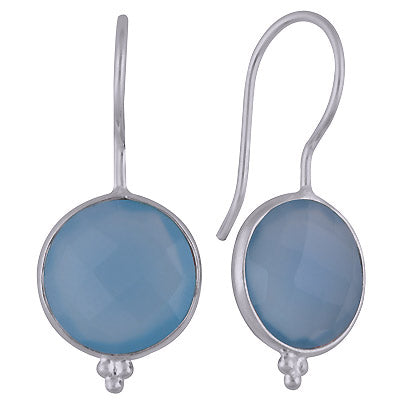 Minimal Rawa Work At Bottom Bezel Blue Chalcedony Round Shape 925 Sterling Solid Silver Dangle Earrings - R3501117-12