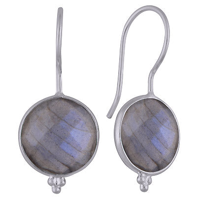 Minimal Rawa Work At Bottom Bezel Labradorite Round Shape 925 Sterling Solid Silver Dangle Earrings - R3501117-3
