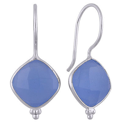 Minimal Rawa Work At Bottom Bezel Blue Chalcedony Cushion Shape 925 Sterling Solid Silver Hanging Earrings - R3501141-12