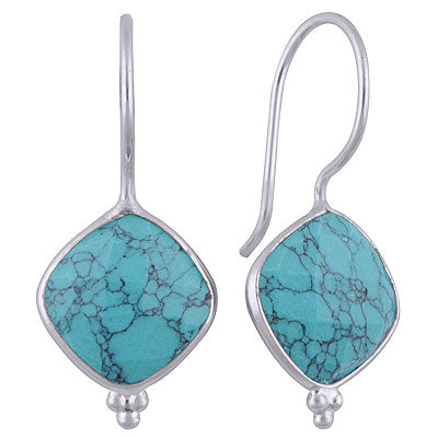 Minimal Rawa Work At Bottom Bezel Turquoise Cushion Shape 925 Sterling Solid Silver Hanging Earrings - R3501141-4